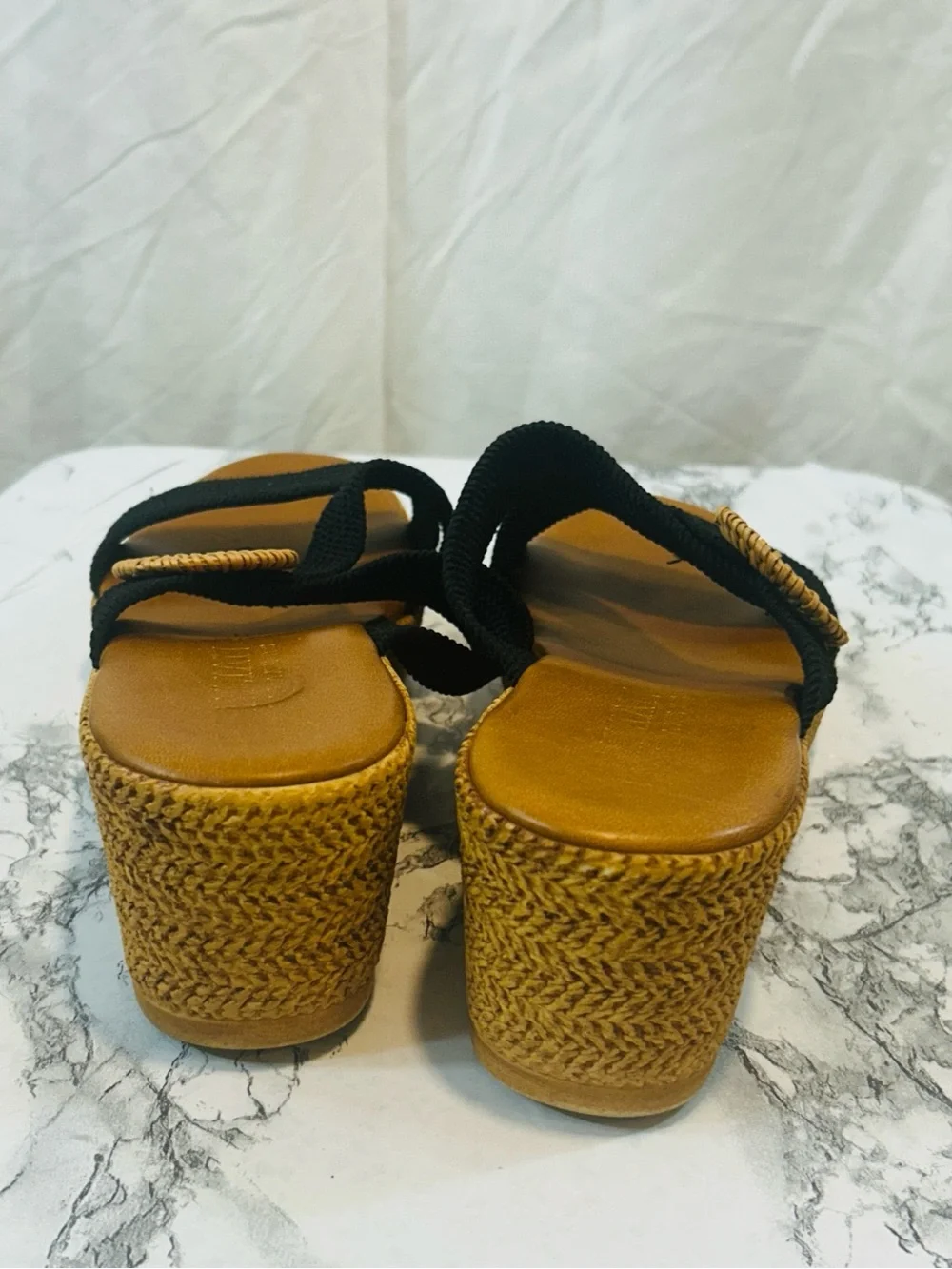 Italian Shoemakers Black and Tan Wedge Sandals with Rattan Accent